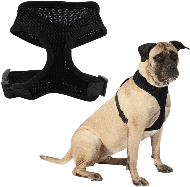 Pettorina Cane Imbracatura cane in rete nera, leggera, comoda, con cinghie nere regolabili e clip resistente.