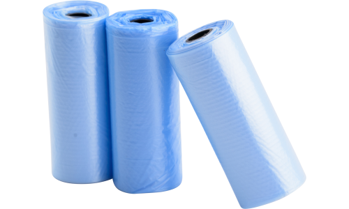 Tre rotoli da 15 sacchetti blu per escrementi cane, resistenti e impermeabili, ideali per passeggiate pulite e facili.