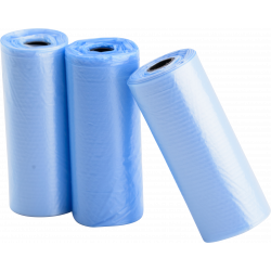 Tre rotoli da 15 sacchetti blu per escrementi cane, resistenti e impermeabili, ideali per passeggiate pulite e facili.