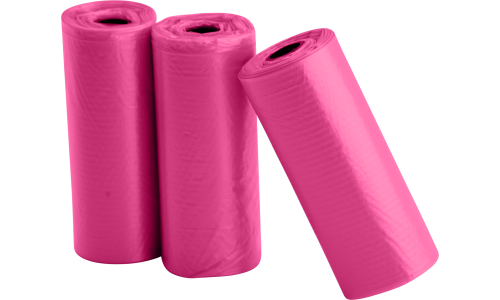 Tre rotoli da 15 sacchetti rosa per escrementi cane, resistenti e impermeabili, ideali per passeggiate pulite e facili.