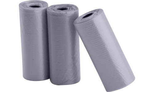 Tre rotoli da 15 sacchetti grigi per escrementi cane, resistenti e impermeabili, ideali per passeggiate pulite e facili.