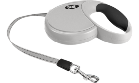 Guinzaglio retrattile per cane grigio con manico ergonomico nero, impugnatura morbida, con impugnatura comoda e morbida.