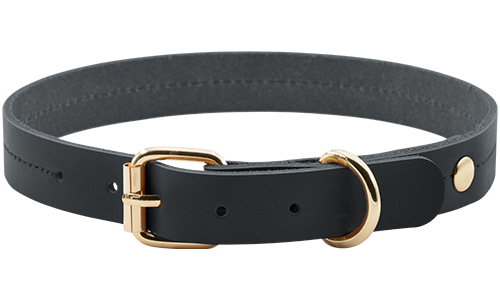 Collare per cane in pelle nera, 43-53 cm, 3,2 cm di larghezza, fibbia dorata e D-ring per resistenza.
