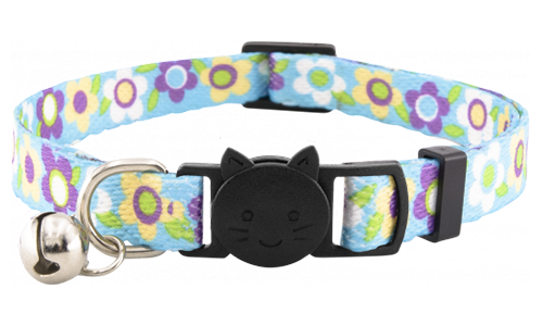 Collare per gatto blu floreale con campanellino, regolabile e leggero, combina charme e sicurezza.