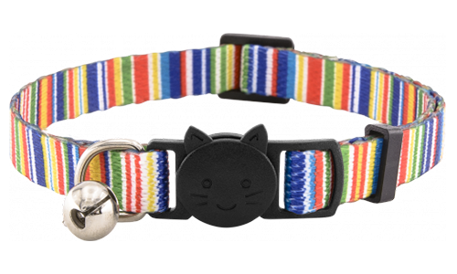 Collare per gatto a righe colorate con campanellino, regolabile e leggero, progettato per sicurezza e stile.