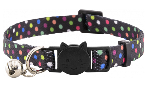 Collare per gatto nero con polka dots e campanellino, regolabile e leggero, sicuro e stiloso.