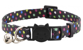 Collare per Gatti con Trama Spiritosa Collare per gatto nero con polka dots e campanellino, regolabile e leggero, sicuro e stiloso.