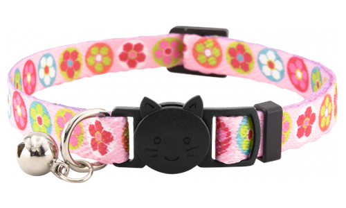 Collare per gatto rosa floreale con campanellino, regolabile e leggero, combina charme e sicurezza.