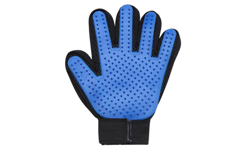Gant de toilettage pour animaux Guanto da toelettatura blu per cani, cinque dita con punte in gomma, cinturino regolabile per una comoda vestibilità.