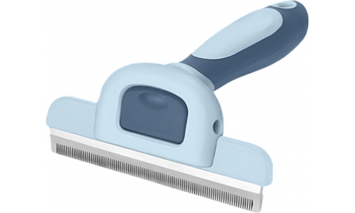 Spazzola per cane blu con denti in metallo fine e manico ergonomico, per rimuovere il pelo in eccesso.